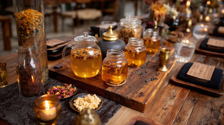 An inviting rustic setting featuring an array of herbal tea in glass jars, warm candles, and decorative natural elements for a cozy atmosphere.の素材
