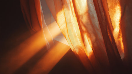 Gentle morning light filters through a sheer curtain, creating a warm and serene atmosphere in an indoor space. The soft rays play with shadows, enhancing the tranquil beauty of the scene.の素材