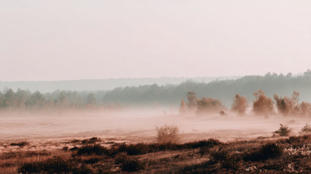 This captivating image showcases a misty landscape at dawn, featuring silhouettes of trees and rolling hills, evoking tranquility and natural beauty.の素材