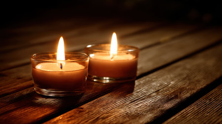Two candles flicker gently on a rustic wooden surface, casting a warm glow in a dim setting. Ideal for evoking feelings of tranquility and comfort.の素材