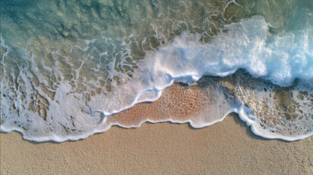 Experience the serene beauty of gentle ocean waves lapping against a soft sandy shore in this captivating aerial view, capturing nature's highlights.の素材