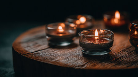 A collection of softly glowing candles arranged on a rustic wooden surface, creating an atmosphere of warmth, serenity, and relaxation for any setting.の素材