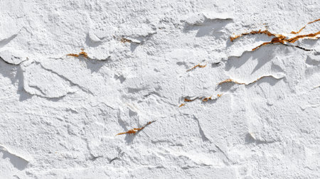 This image showcases a detailed white wall texture featuring cracks and golden veins that illustrate natural weathering, perfect for design projects.の素材