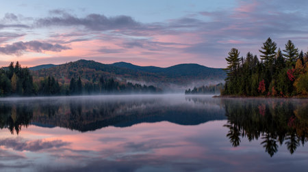 Experience the tranquility of a serene morning mist over a still lake, showcasing vibrant autumn foliage and stunning mountain reflections.の素材