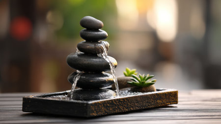 A serene water fountain featuring stacked stones and a green succulent plant, perfect for creating a calming atmosphere in any space.の素材