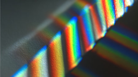 This image captures a stunning display of colorful light reflections and a vibrant spectrum of colors created by a prism, illuminating a wall.の素材