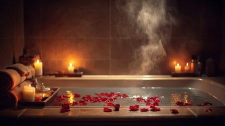 Experience ultimate relaxation with a tranquil bath setting featuring rose petals, flickering candles, and soft steam in a serene atmosphere.の素材