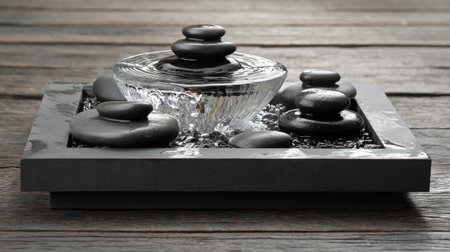 This captivating arrangement features smooth black stones and a delicate water feature, creating a tranquil atmosphere perfect for relaxation and meditation.の素材