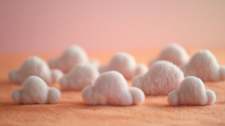 Whimsical composition of soft pink fluffy clouds arranged on a pastel orange surface, creating a dreamy and playful atmosphere perfect for various artistic projects.の素材