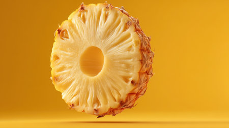 A stunning close-up of a fresh pineapple slice floating against a vibrant yellow background. Perfect for summer-themed food photography, recipes, and wellness projects.の素材