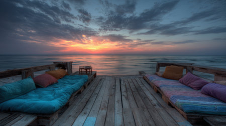 Experience the serenity of a beautiful sunset over the ocean from a cozy beachside retreat with colorful cushions and wooden seating.の素材