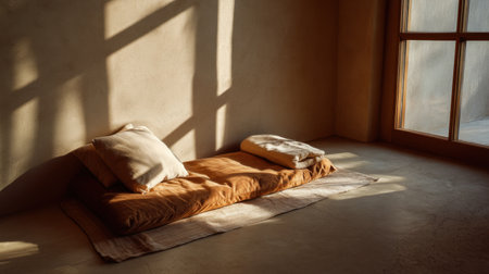A tranquil and minimalist bedroom featuring a cozy bed, soft pillows, and gentle natural light casting shadows, ideal for relaxation.の素材