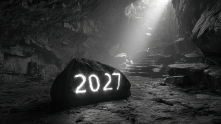 A captivating black and white image showcasing a cave with the year 2027 illuminated on a rock. Striking light rays shine through, enhancing the atmosphere.の素材