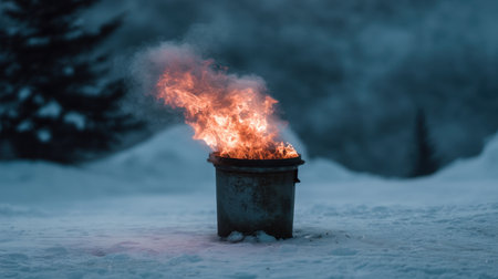 A captivating image of a metal trash bin with flames and smoke rising, set against a snowy background. The scene portrays contrast and environmental elements.の素材