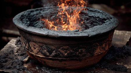 A rustic clay pot filled with flames and ash captures the essence of traditional craftsmanship, showcasing natural materials and cultural heritage.の素材