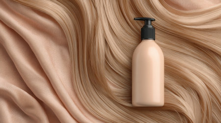 Aesthetic image featuring a sleek hair care bottle resting on luxurious silk fabric, ideal for beauty and wellness promotions focusing on elegance and style.の素材