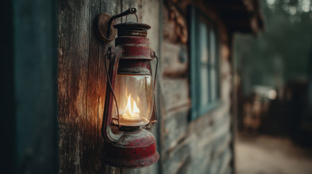 A charming rustic lantern casts a warm glow against a weathered wooden cabin, embodying tranquility and a connection to nature during dusk.の素材