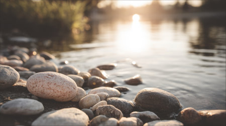 A serene riverbank scene features smooth stones along the water's edge, reflecting warm sunlight in a calm atmosphere during sunset.の素材