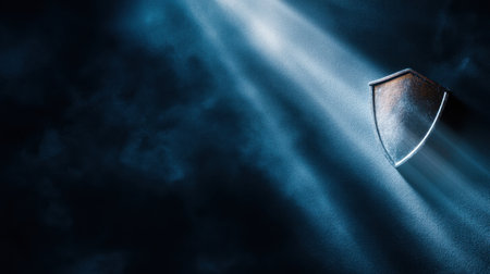 This captivating image features a shield illuminated by surreal light rays in a dark, smoky atmosphere, creating a dramatic and mystical ambiance.の素材
