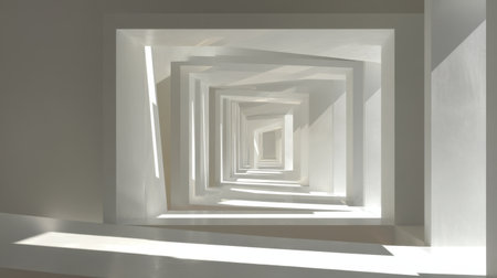 This image captures an abstract perspective of a light-filled corridor featuring minimalistic white walls and geometric shapes.の素材