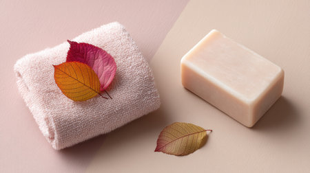 An inviting bathroom scene featuring a soft towel, a natural soap bar, and delicate autumn leaves, creating a serene ambiance for self-care.の素材