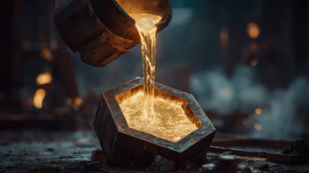 A captivating scene of molten metal being poured into a hexagonal mold in an industrial foundry, showcasing the intense heat and dramatic smoke around.の素材