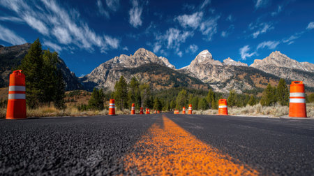A vibrant road under construction flanked by orange traffic cones, leading to breathtaking mountains under a clear blue sky, invites exploration.の素材