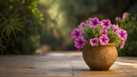 A charming display of vibrant pink petunias in a decorative pot sits beside a stone pathway, illuminated by warm sunlight and surrounded by lush greenery.の素材