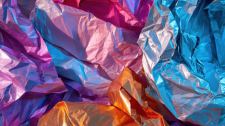 This image showcases a stunning array of wrinkled foil textures in vibrant colors, perfect for adding artistic flair to any creative project or background.の素材