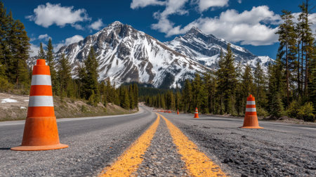 A breathtaking mountain road flanked by orange traffic cones leads through vibrant green forests against a stunning backdrop of snow-capped peaks under a clear blue sky.の素材