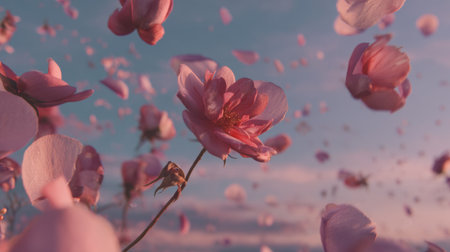 A mesmerizing view of soft pink blossoms floating in the air, captured against a dreamy sunset sky. This enchanting scene embodies the beauty of nature and peace.の素材