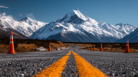 This stunning landscape features a long road winding through majestic snow-capped mountains under a clear blue sky. Traffic cones mark the route, enhancing the sense of adventure and exploration in this breathtaking natural setting.の素材
