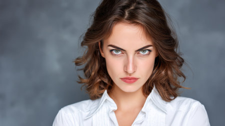 A striking portrait of a young woman with captivating eyes and an elegant hairstyle. The soft gray background accentuates her intense expression.の素材