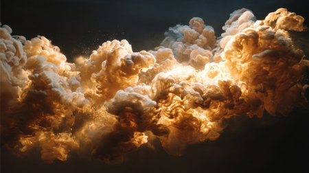 A captivating image of dramatic golden smoke clouds illuminated by soft light against a dark backdrop. This visual creates a mesmerizing atmosphere.の素材