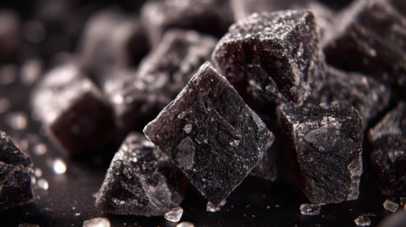 Close-up image of dark cubes of licorice dusted with sugar crystals, set against a black background to emphasize texture and color.の素材