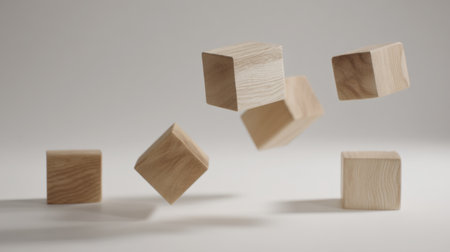 A captivating image of wooden cubes gracefully suspended in air against a soft, neutral background, ideal for designs focused on creativity and modern aesthetics.の素材