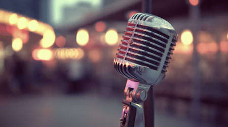A vintage retro microphone on a stand shines in the light with a blurred bokeh background, perfect for capturing the essence of live music events and celebrations.の素材