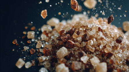 Explore the aesthetic beauty of brown sugar granules as they fall against a dark backdrop. This high-definition image captures the rich texture and natural appeal of this essential cooking ingredient, perfect for culinary creations.の素材