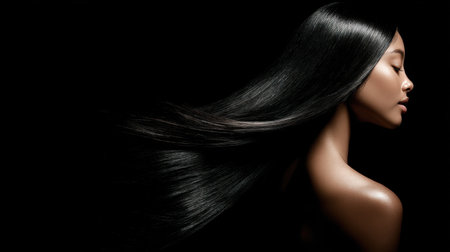 Captivating side profile of a woman showcasing her long, silky hair flowing gracefully against a dark background. An embodiment of elegance and beauty.の素材