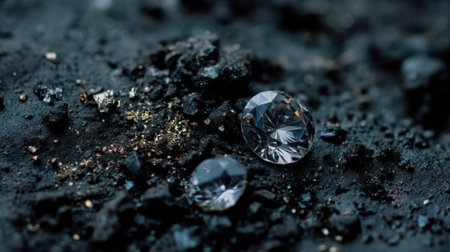 An artistic close-up of black diamonds resting on dark soil, surrounded by glimmering gold flakes, showcasing elegance and beauty in natureの素材
