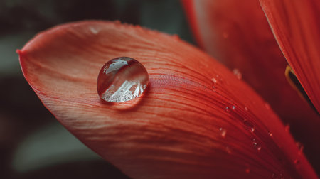 A mesmerizing close-up image featuring a single dew drop resting on a radiant red petal, surrounded by a soothing green backdrop, capturing the essence of nature's beauty.の素材