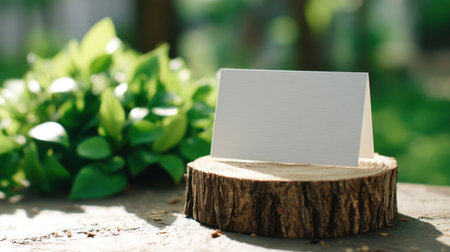 A blank business card rests on a rustic wooden slice, surrounded by lush greenery, perfect for a customizable design or advertising presentation.の素材