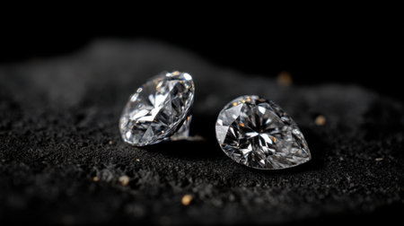 Stunning pear-shaped diamonds rest gracefully on a textured black surface, showcasing their brilliance and elegant design, perfect for luxury promotions.の素材