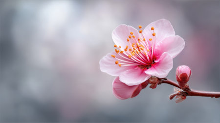 A stunning close-up of a delicate pink blossom with vibrant stamen against a soft background, embodying the beauty of springtime and nature.の素材