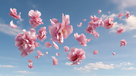 A stunning display of pink flower petals gracefully floating against a vivid blue sky, creating an elegant and calming atmosphere in nature.の素材