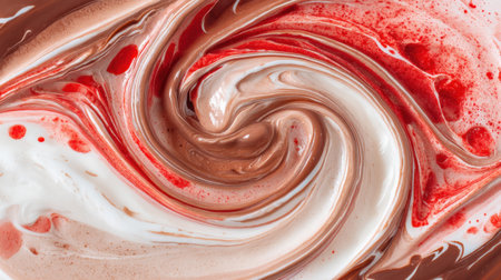 A vibrant swirl of creamy chocolate and fresh strawberry sauce creates an enticing visual in this abstract dessert image, perfect for culinary enthusiasts.の素材