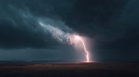 A breathtaking view of a fierce storm as lightning drastically illuminates a darkened sky over an expansive landscape, capturing nature's raw fury.の素材