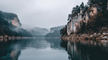 Experience the tranquility of a misty morning on calm waters, framed by towering cliffs and lush trees in a tranquil landscape setting.の素材