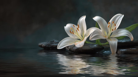 Two elegant white lilies rest atop dark stones, mirrored in water, creating a tranquil and serene atmosphere for relaxation and contemplation.の素材