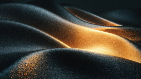 Captivating abstract image featuring intricate textures and soft waves of black fabric illuminated by warm highlights, evoking elegance and creativity.の素材